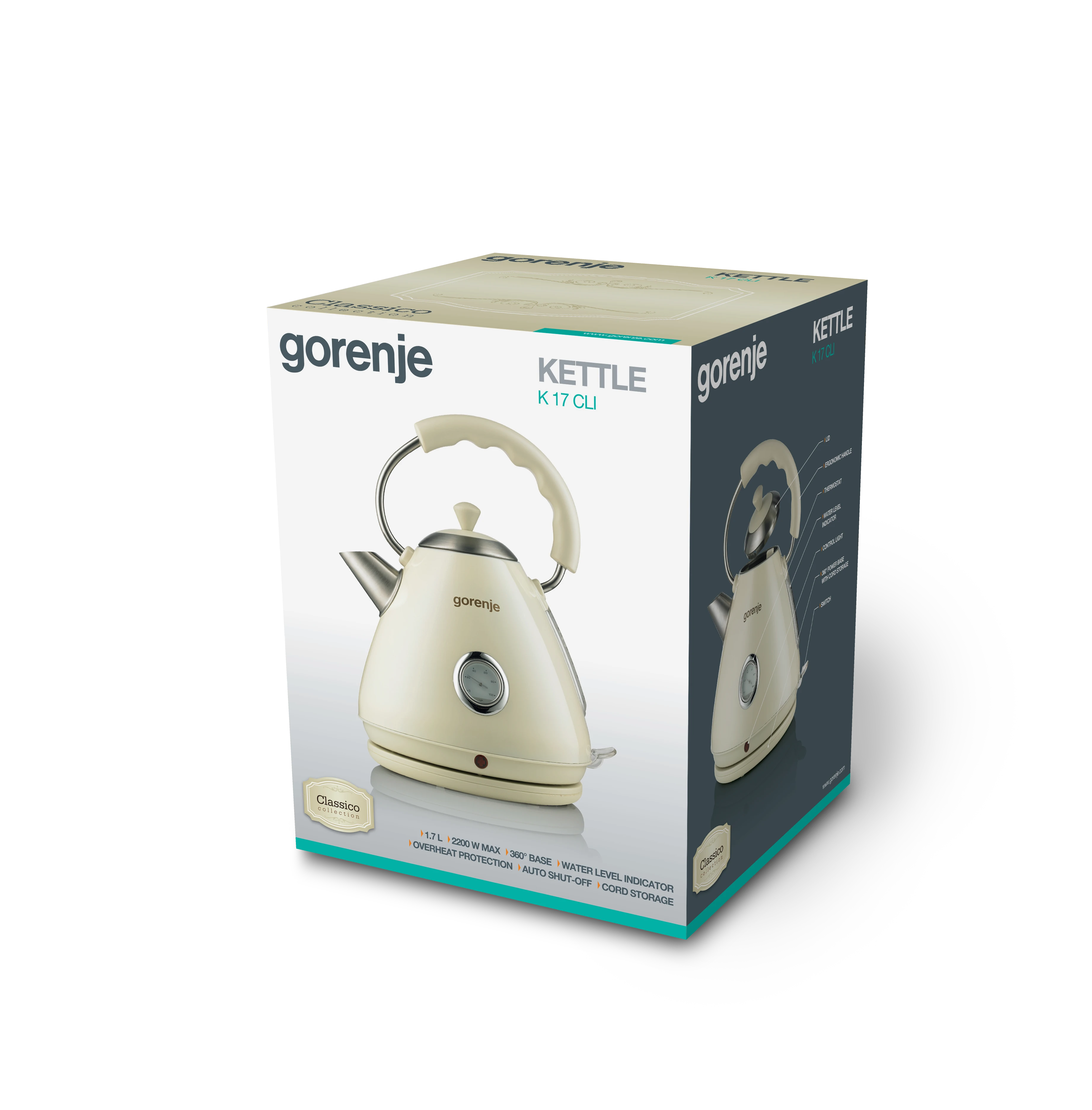 Virdulys Gorenje K17CLI Standard, Plastic/ metal, Kreminis, 2200 W, 360° rotational base, 1.7 L
