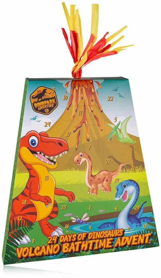 Dinozaurų advento kalendorius vulkano formos pakuotėje