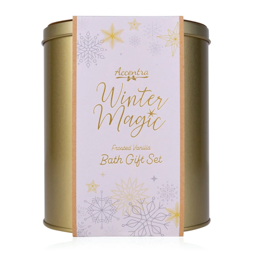 Kūno priežiūros dovanų rinkinys Accentra Winter Magic (60 ml dušo gelis, 60 ml kūno losjonas, 60 ml rankų ir nagų kremas, 100 g vonios bomba)