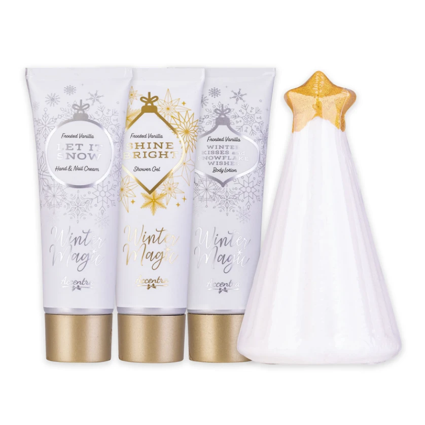 Kūno priežiūros dovanų rinkinys Accentra Winter Magic (60 ml dušo gelis, 60 ml kūno losjonas, 60 ml rankų ir nagų kremas, 100 g vonios bomba)
