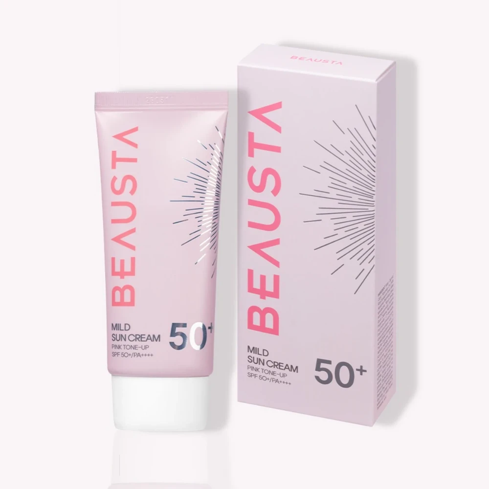 Apsauginis tonuojantis kremas nuo saulės BEAUSTA Mild Sun Cream Pink Tone-Up SPF50+, 50 ml