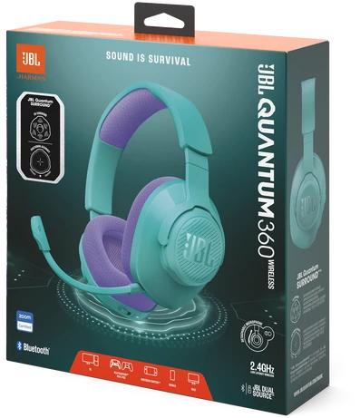 Belaidės ausinės JBL Quantum 360, melsvos/violetinės spalvos