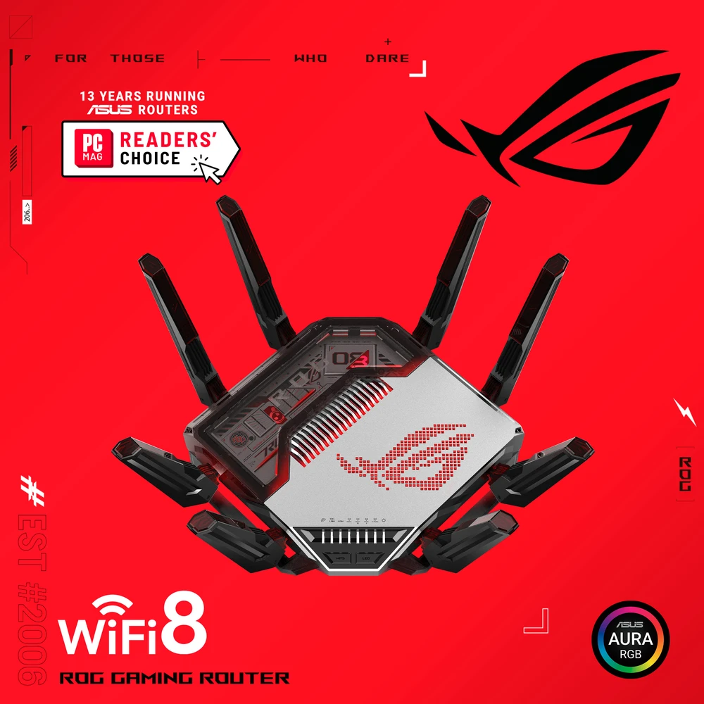 Asus ROG Rapture GT-BN98 — pasaulyje pirmasis Wi-Fi 8 žaidimų maršrutizatorius. Keturių dažnių, iki 25 000 Mbps, du 10G prievadai, žaidimų spartinimas/ Naujiena 2026