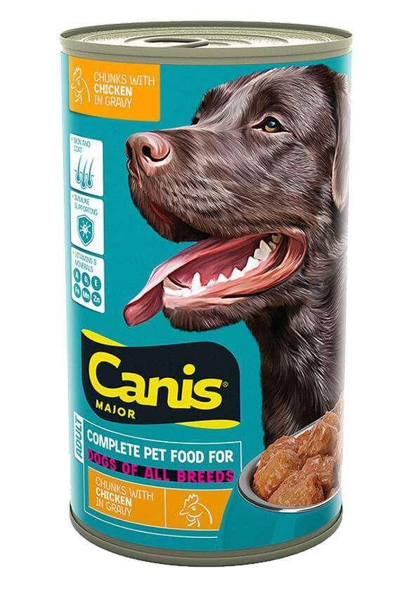 Canis Major konservuotas pašaras šunims, gabaliukai su vištiena padaže, 1,25kg