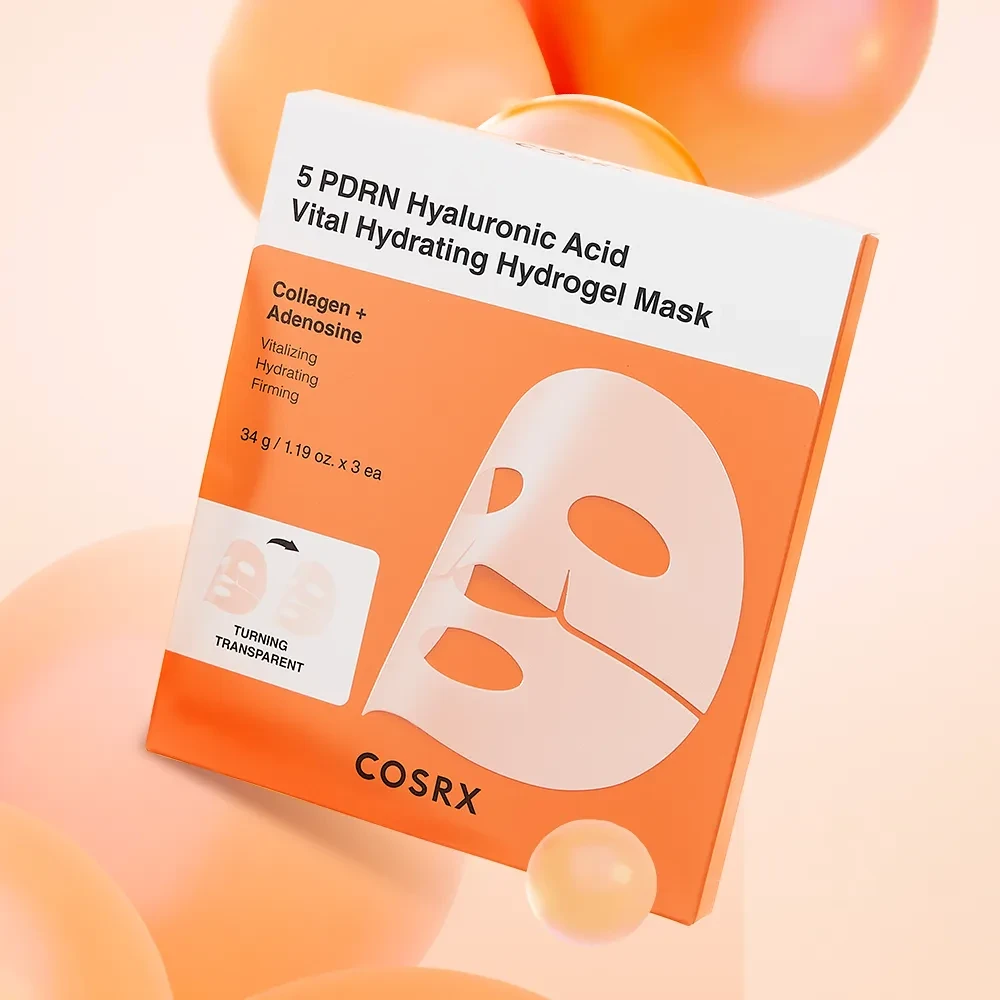 COSRX 5 PDRN Hyaluronic Acid Vital Hydrating Hydrogel Mask hidrogelio veido kaukė su PDRN, 3 x 34 g