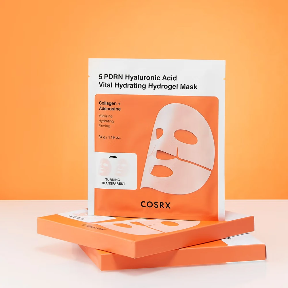 COSRX 5 PDRN Hyaluronic Acid Vital Hydrating Hydrogel Mask hidrogelio veido kaukė su PDRN, 3 x 34 g