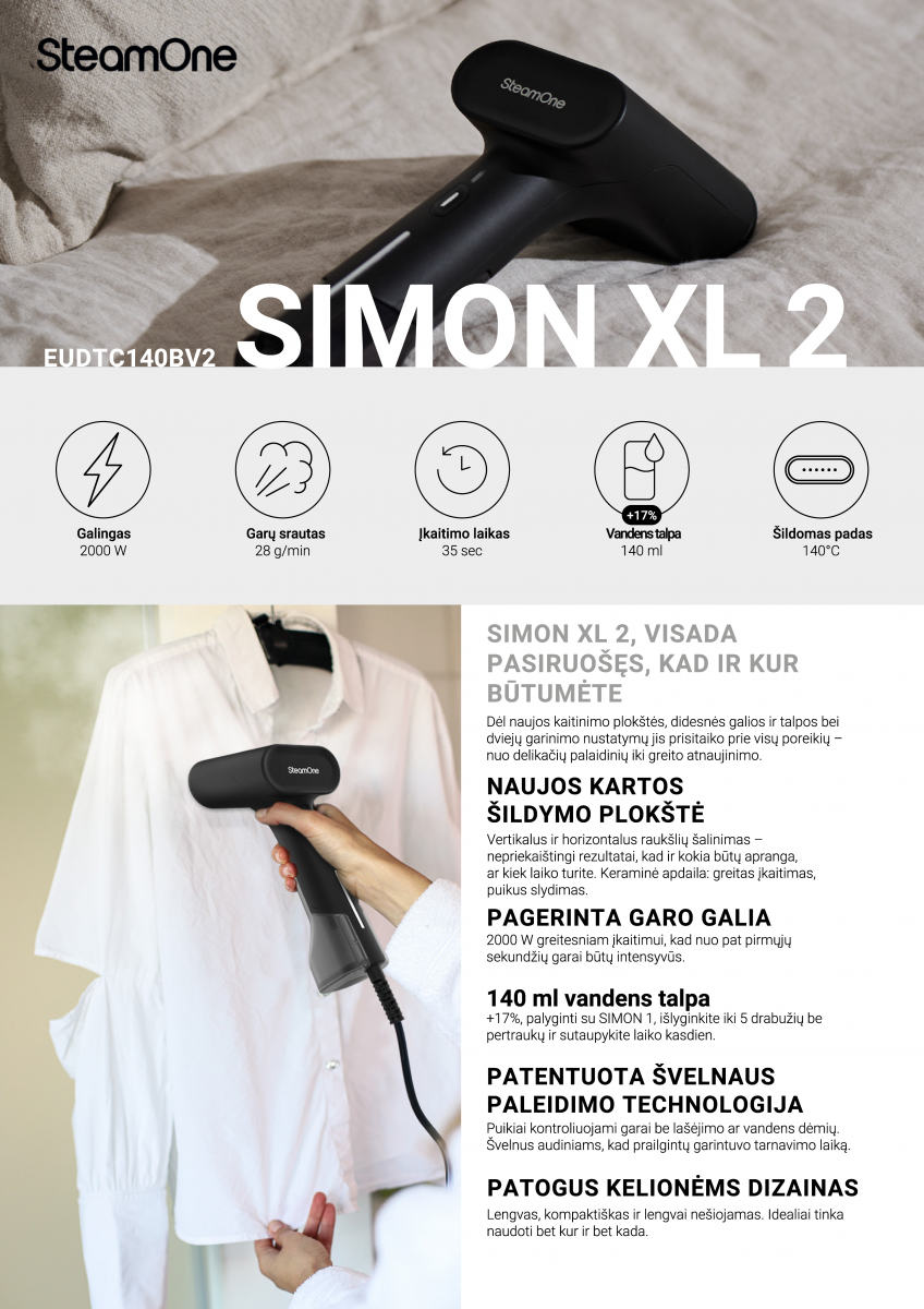 Drabužių garintuvas SteamOne Simon XL 2, 2000 W, juodos spalvos aprašymas - Prekės nuotrauka