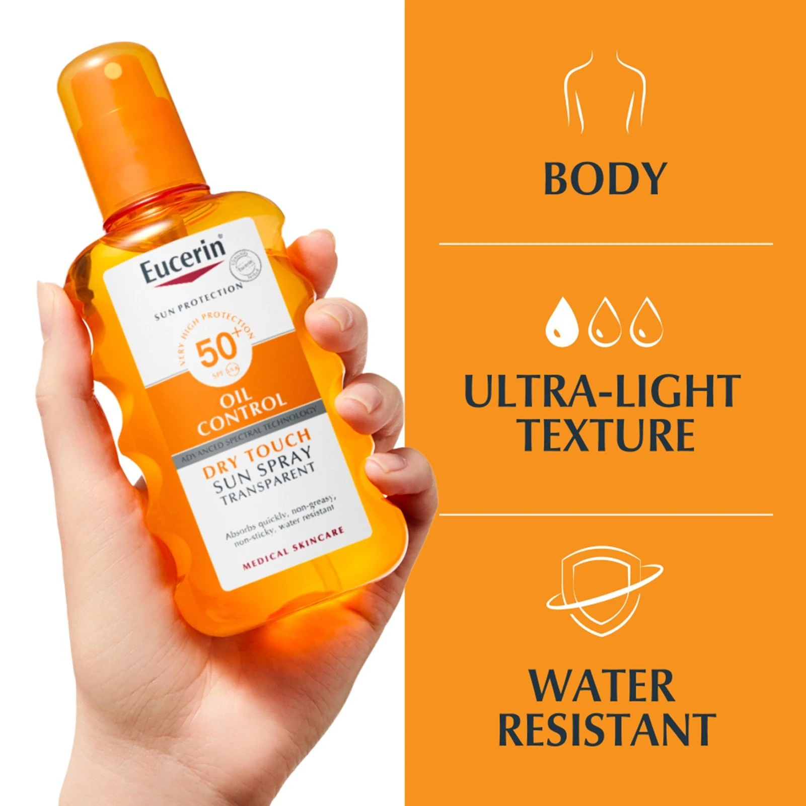 Eucerin Transparent Sensitive Protect SPF 50 skaidrus purškalas nuo saulės, 200 ml aprašymas - Prekės nuotrauka