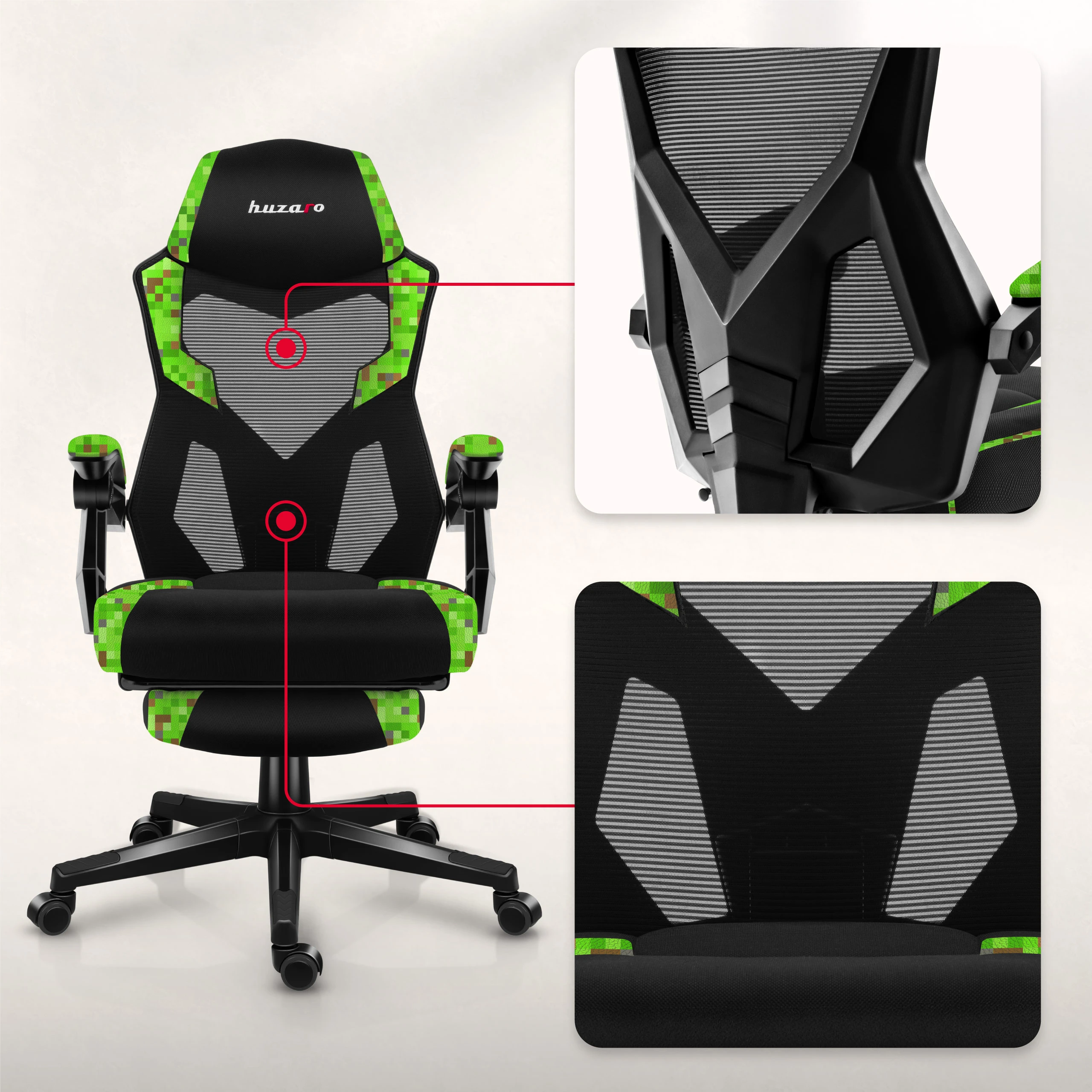Žaidimų kėdė Huzaro Combat 3.1 Pixel | juodos, žalios spalvos aprašymas - Prekės nuotrauka