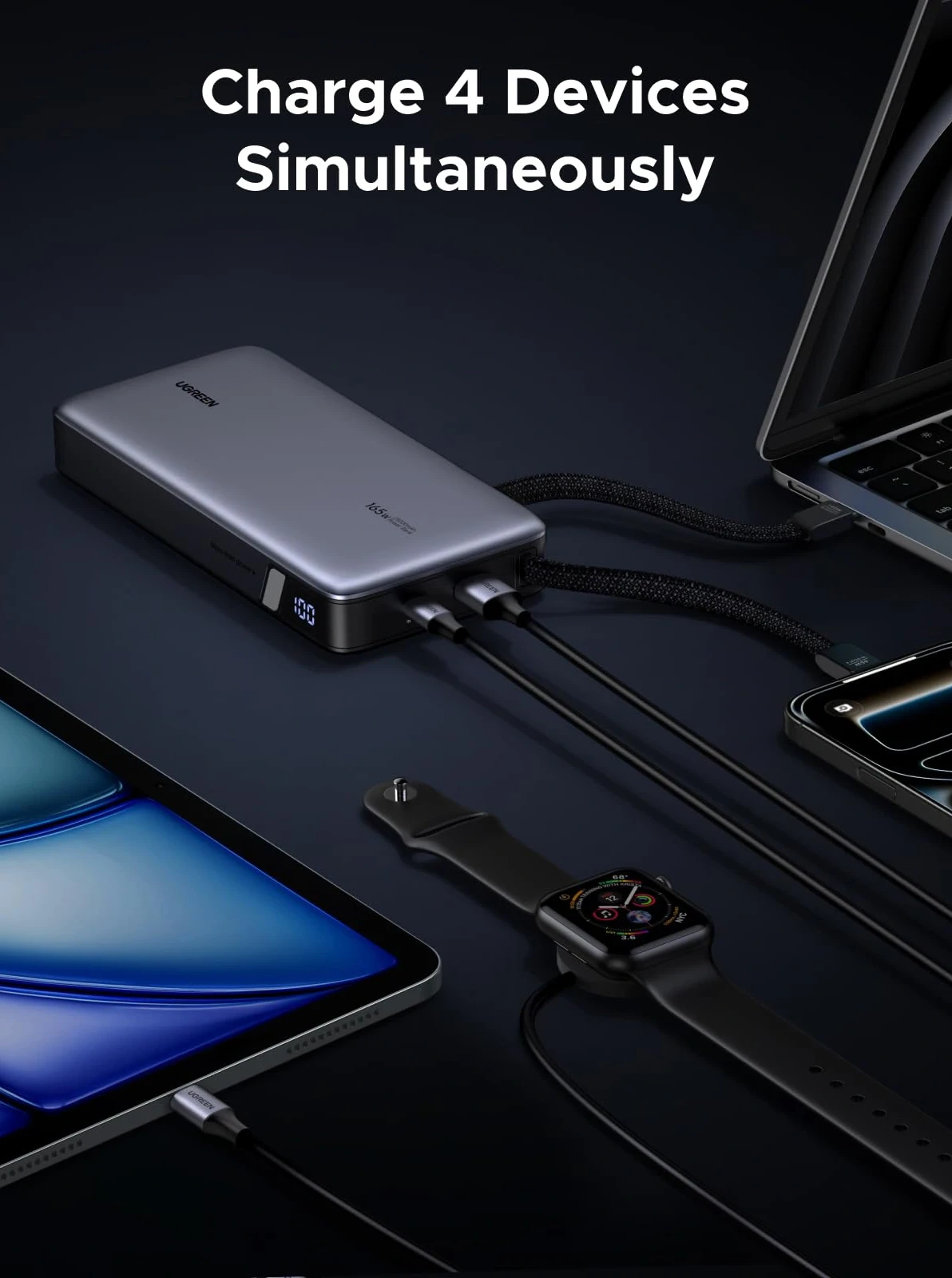 Nešiojama baterija UGREEN PowerBank, 165W, 25,000 mAh, su integruotu laidu aprašymas - Prekės nuotrauka