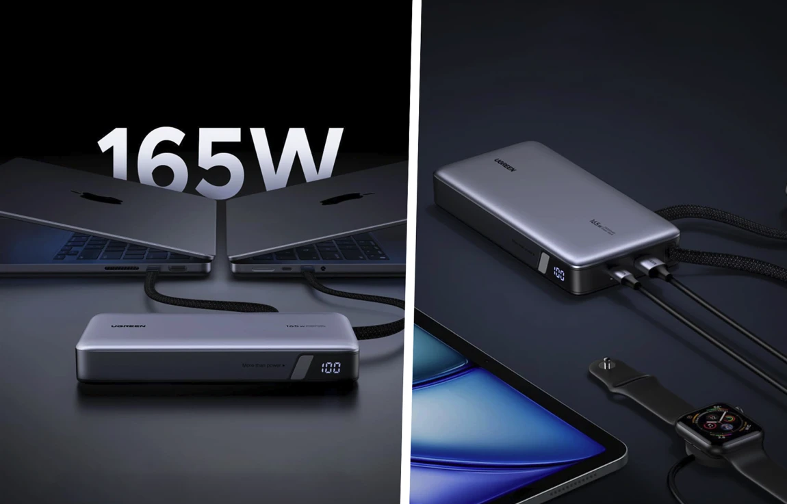 Nešiojama baterija UGREEN PowerBank, 165W, 25,000 mAh, su integruotu laidu aprašymas - Prekės nuotrauka