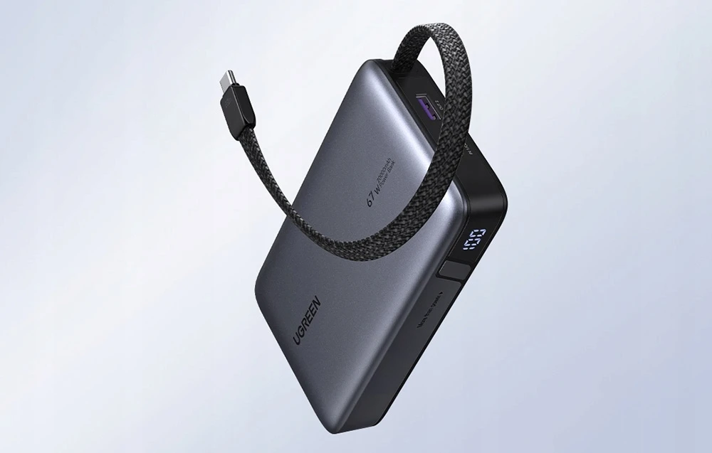 Nešiojamas įkroviklis UGREEN Nexode 20000mAh 67W su ištraukiamu USB-C laidu aprašymas - Prekės nuotrauka