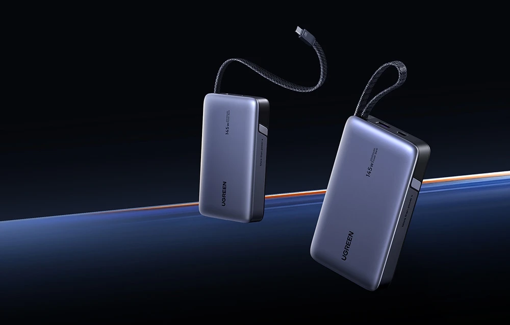 Nešiojamasis įkroviklis 20 000 mAh UGREEN PB551, 145 W, USB ir USB-C, su integruotu kabeliu aprašymas - Prekės nuotrauka