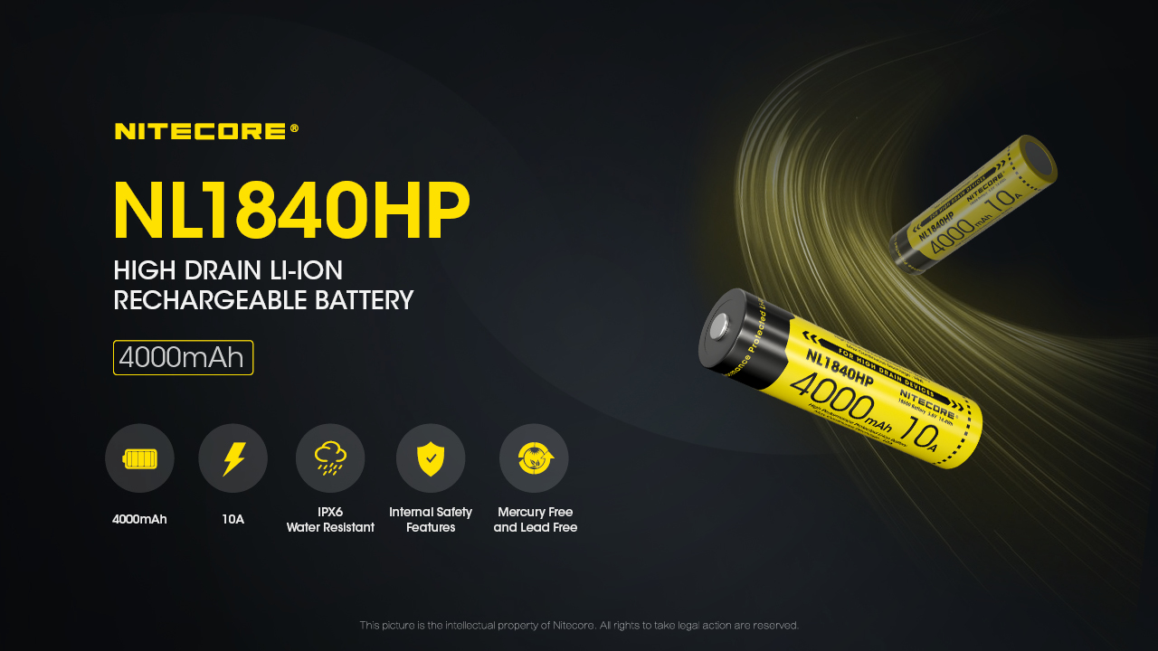 Akumuliatorius Nitecore NL1840HP 18650 Li-ion, 4000 mAh, 3,6 V, 10 A, IPX6 aprašymas - Prekės nuotrauka