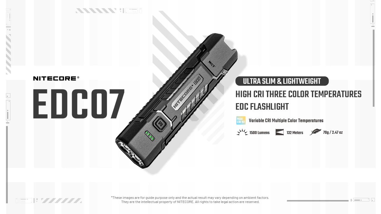 Nitecore EDC07 Žibintuvėlis, 1500 lm, 3 šviesos temperatūros, iki 132 m, 1500 mAh, USB-C, IP67 aprašymas - Prekės nuotrauka