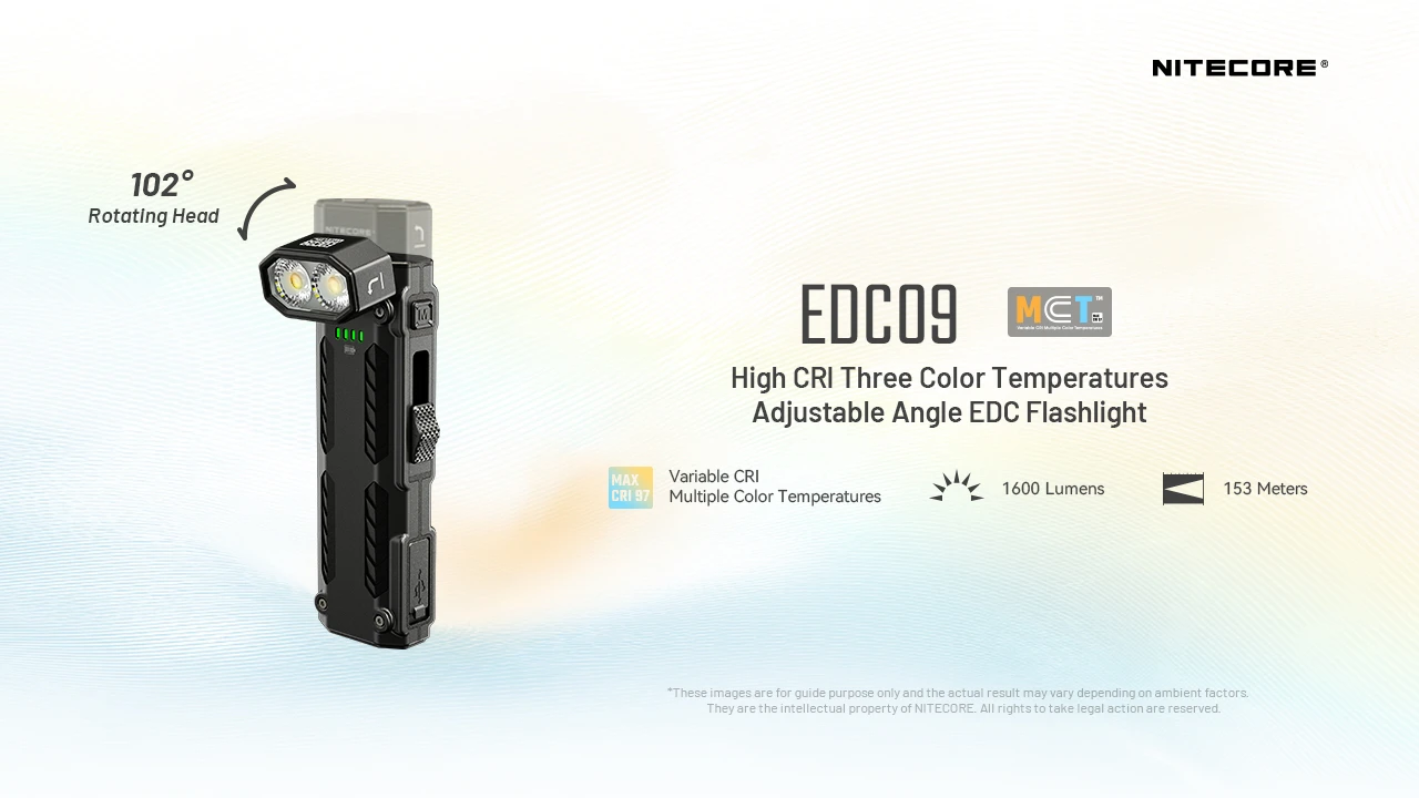 Nitecore EDC09 Žibintuvėlis, 1600 lm, 3 šviesos temperatūros, iki 153 m, 1100 mAh, USB-C, IPX6 aprašymas - Prekės nuotrauka