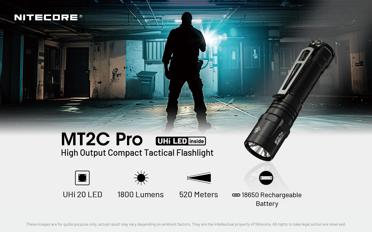 Nitecore MT2C Pro Taktinis žibintuvėlis, 1800 lm, iki 520 m, 3600 mAh, USB-C, IP68 aprašymas - Prekės nuotrauka