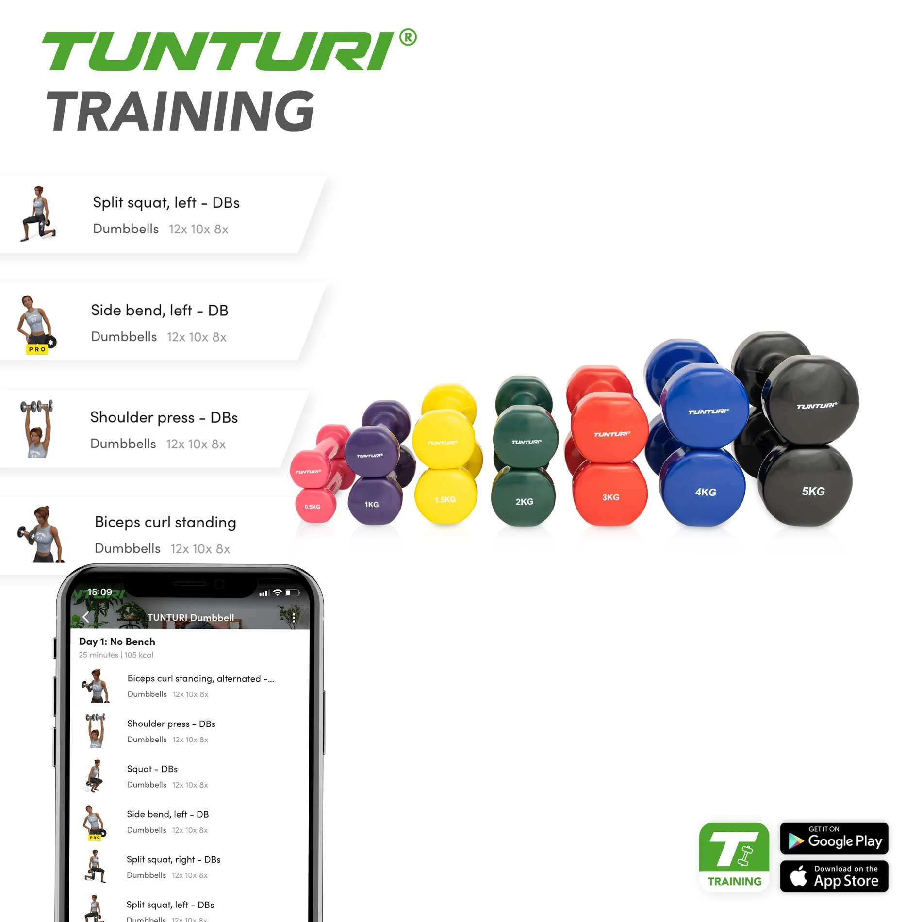 Viniliniai hanteliai TUNTURI 2x 0,5-5kg (Svoris: 2 x 0.5) aprašymas - Prekės nuotrauka