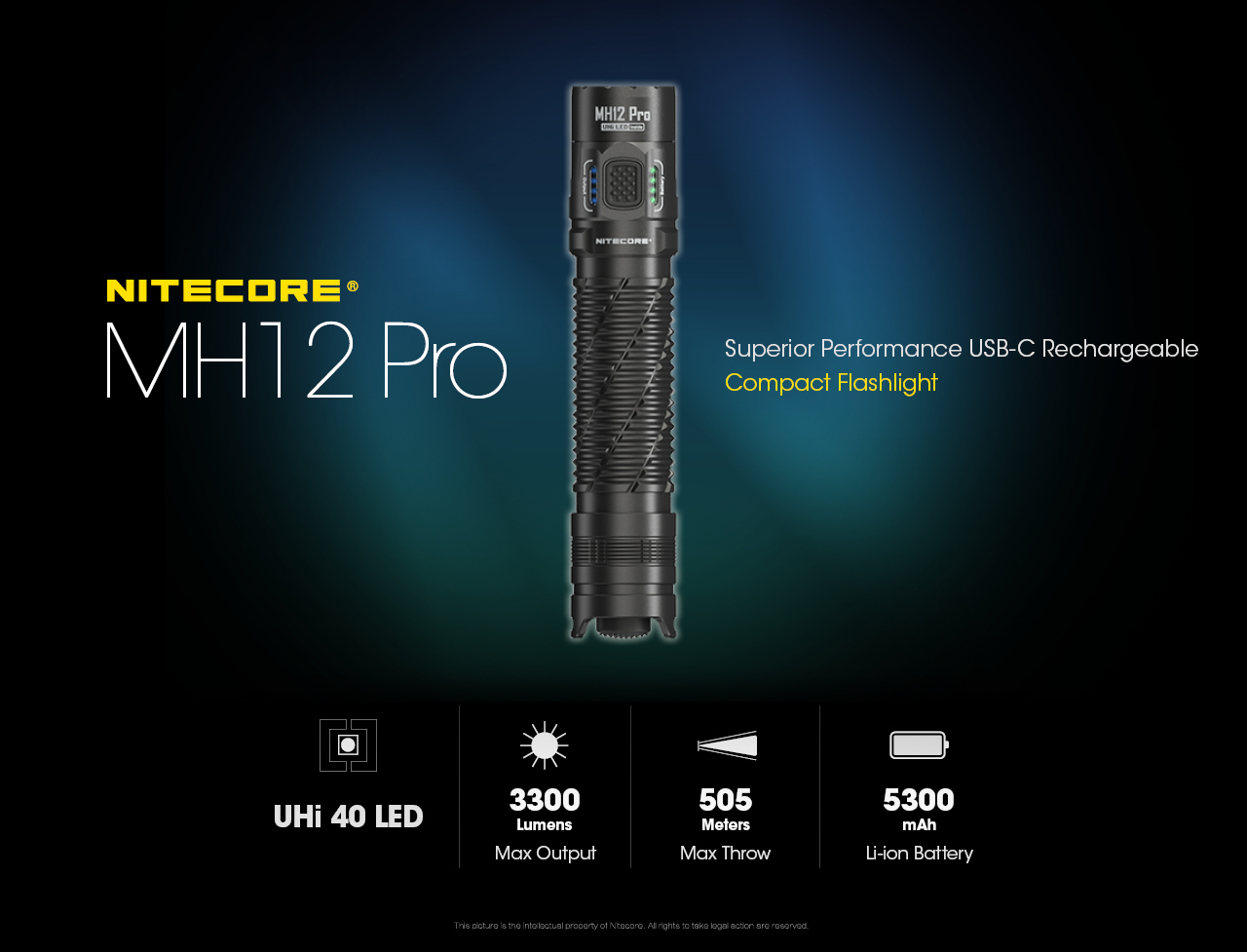 Nitecore MH12 Pro įkraunamas LED žibintuvėlis, 3300 lm, 505 m, USB-C, 5300 mAh, IP68 aprašymas - Prekės nuotrauka