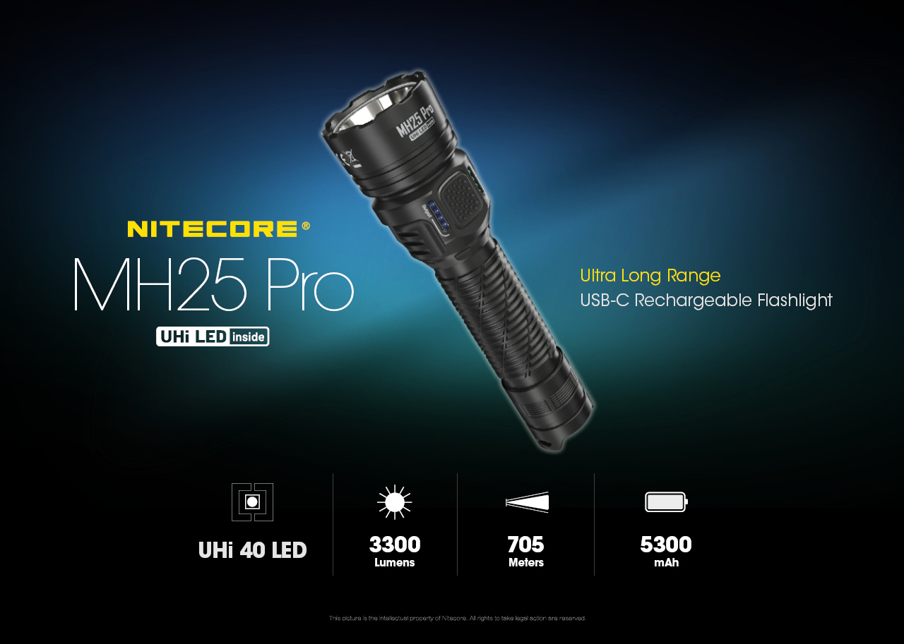Nitecore MH25 Pro Žibintuvėlis, 3300 lm, iki 705 m, 5300 mAh, USB-C, IP68 aprašymas - Prekės nuotrauka