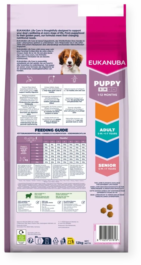Sausas maistas Eukanuba Life Care mažų ir vidutinių veislių šuniukams su ėriena ir ryžiais, S/M, 12 kg