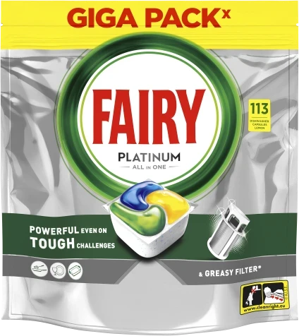Indaplovių kapsulės Fairy Platinum All in One Lemon, 113 vnt., citrinų kvapo aprašymas - Prekės nuotrauka