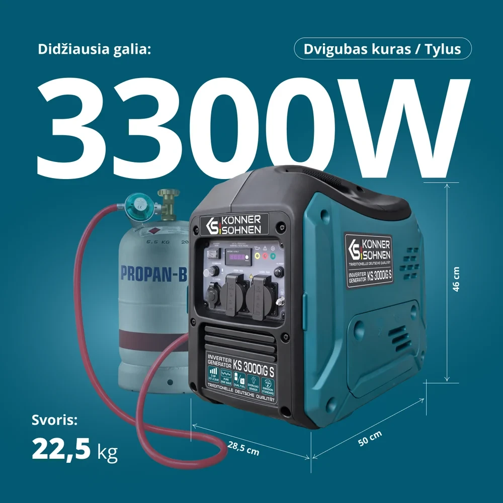 Inverterinis generatorius Könner & Söhnen KS 3000iG S, 3,3 kW, benzinas / LPG, 230 V, 5 l