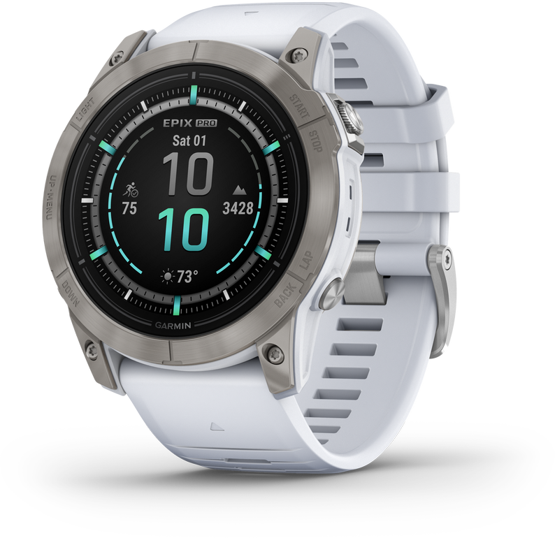 Išmanusis laikrodis Garmin epix™ Pro (Gen 2) – Sapphire Edition, 51 mm, Titano spalvos korpusas su baltos spalvos dirželiu