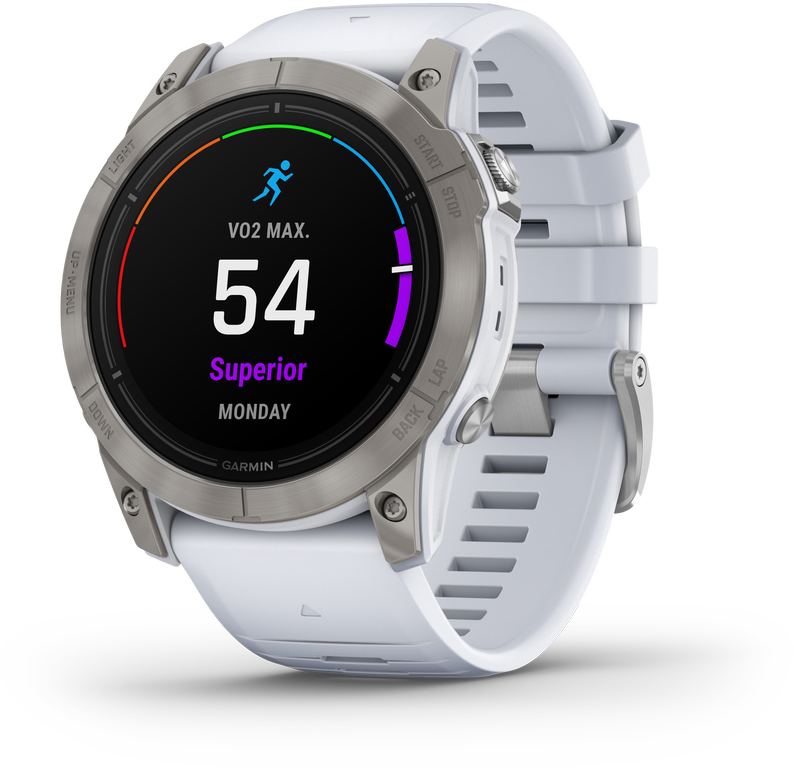 Išmanusis laikrodis Garmin epix™ Pro (Gen 2) – Sapphire Edition, 51 mm, Titano spalvos korpusas su baltos spalvos dirželiu