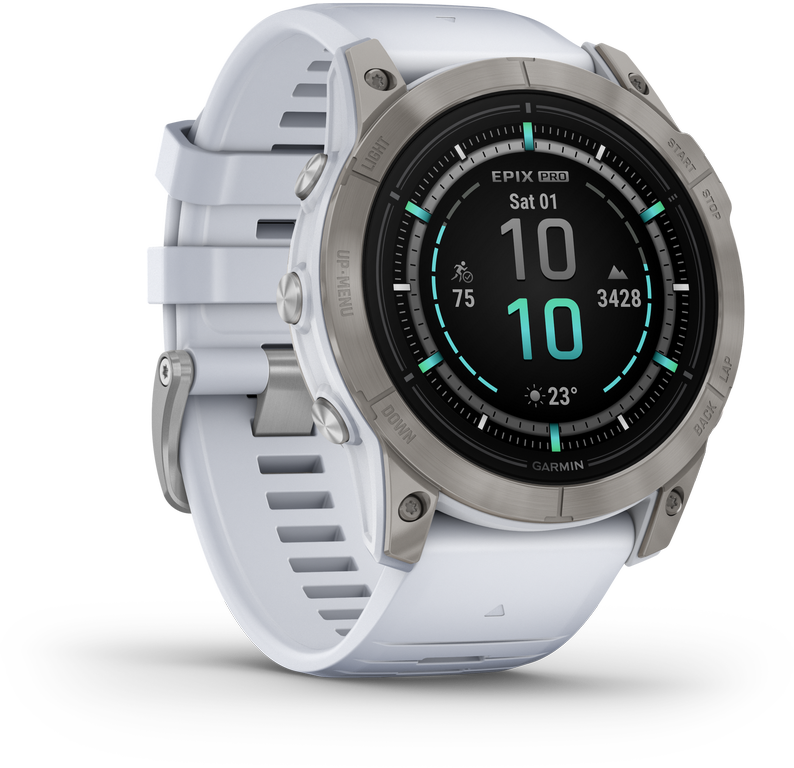 Išmanusis laikrodis Garmin epix™ Pro (Gen 2) – Sapphire Edition, 51 mm, Titano spalvos korpusas su baltos spalvos dirželiu