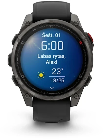 Išmanusis laikrodis Garmin fēnix® 8 Pro – 51 mm, AMOLED Sapphire, Pilkos anglies spalvos DLC titanas su juodos / pilkos akmenukų spalvos silikoniniu dirželiu | 010-03199-01