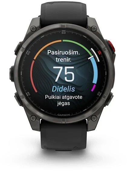 Išmanusis laikrodis Garmin fēnix® 8 Pro – 51 mm, AMOLED Sapphire, Pilkos anglies spalvos DLC titanas su juodos / pilkos akmenukų spalvos silikoniniu dirželiu | 010-03199-01