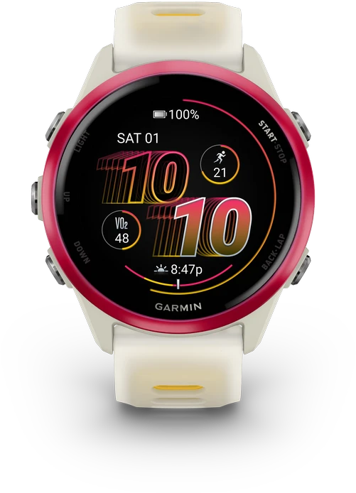 Išmanusis laikrodis Garmin Forerunner® 570 - 42mm Rožinės spalvos aliuminis su permatomu kreminės / mango spalvos dirželiu