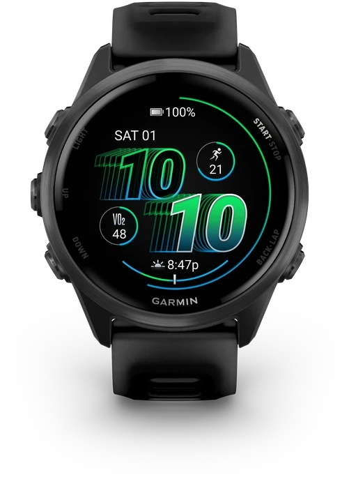 Išmanusis laikrodis Garmin Forerunner® 570 - 42mm Pilkai melsvos spalvos aliuminis su permatomu juodu / juodu dirželiu
