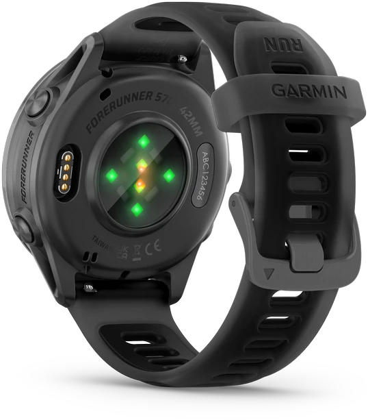 Išmanusis laikrodis Garmin Forerunner® 570 - 42mm Pilkai melsvos spalvos aliuminis su permatomu juodu / juodu dirželiu