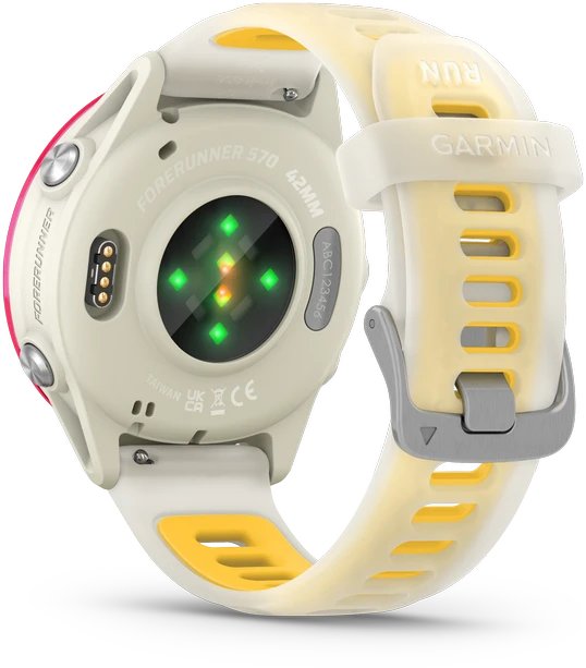 Išmanusis laikrodis Garmin Forerunner® 570 - 42mm Rožinės spalvos aliuminis su permatomu kreminės / mango spalvos dirželiu