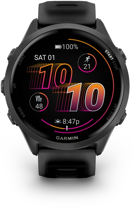Išmanusis laikrodis Garmin Forerunner® 570 - 47mm, Pilkai melsvos spalvos aliuminis su permatomu juodu / juodu dirželiu
