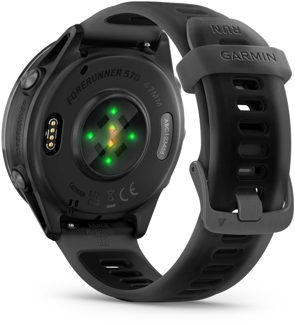 Išmanusis laikrodis Garmin Forerunner® 570 - 47mm, Pilkai melsvos spalvos aliuminis su permatomu juodu / juodu dirželiu