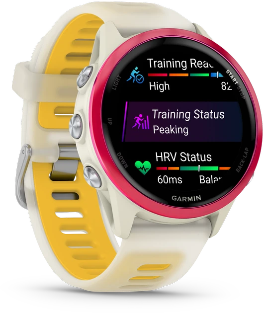 Išmanusis laikrodis Garmin Forerunner® 570 - 42mm Rožinės spalvos aliuminis su permatomu kreminės / mango spalvos dirželiu