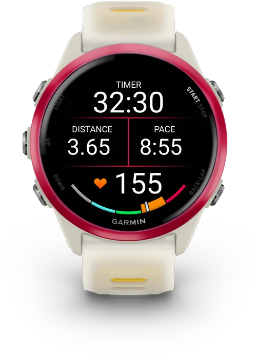 Išmanusis laikrodis Garmin Forerunner® 570 - 42mm Rožinės spalvos aliuminis su permatomu kreminės / mango spalvos dirželiu