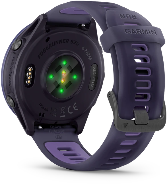 Išmanusis laikrodis Garmin  Forerunner® 570 - 47mm, Indigo spalvos aliuminis su permatomu imperinės rožinės / indigo spalvos dirželiu