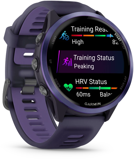 Išmanusis laikrodis Garmin  Forerunner® 570 - 47mm, Indigo spalvos aliuminis su permatomu imperinės rožinės / indigo spalvos dirželiu