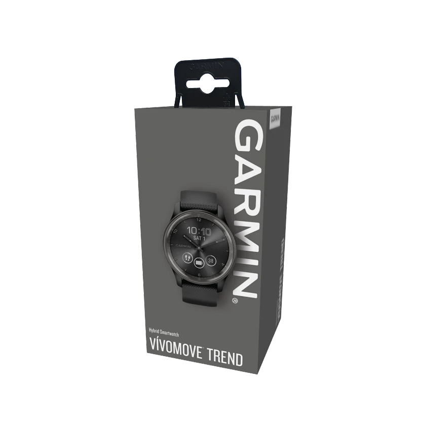 Išmanusis laikrodis Garmin vívomove® Trend, Skalūno spalvos nerūdijančiojo plieno apvadas, su juodu korpusu ir silikoniniu dirželiu