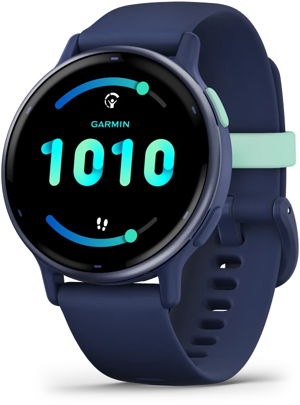 Išmanusis laikrodis Garmin vívoactive® 5 Mėlynos metalo spalvos aliuminio apvadas su mėlynu korpusu ir silikoniniu dirželiu
