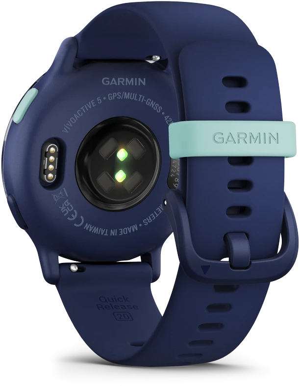 Išmanusis laikrodis Garmin vívoactive® 5 Mėlynos metalo spalvos aliuminio apvadas su mėlynu korpusu ir silikoniniu dirželiu