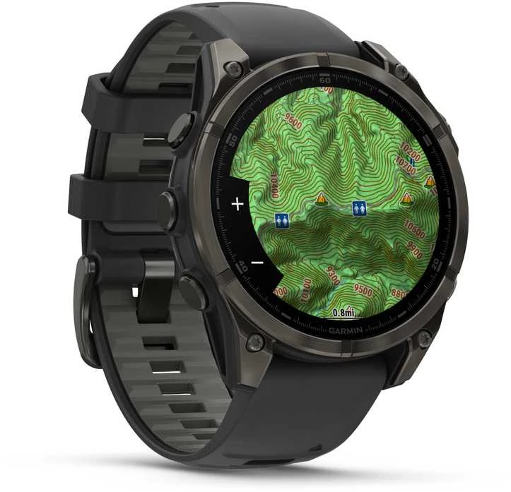 Garmin Išmanusis laikrodis Fenix 8 – 47 mm, AMOLED Sapphire, Pilkos anglies spalvos DLC titanas su juodai pilkos spalvos silikoniniu dirželiu