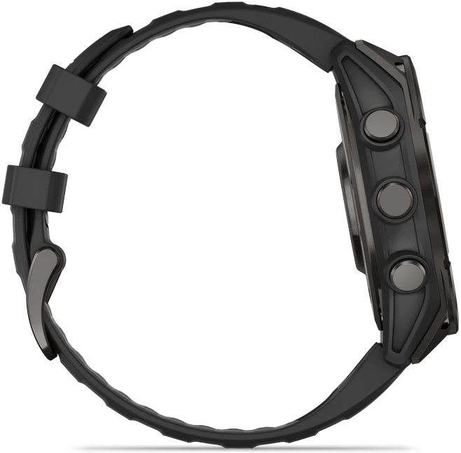 Garmin Išmanusis laikrodis Fenix 8 – 47 mm, AMOLED Sapphire, Pilkos anglies spalvos DLC titanas su juodai pilkos spalvos silikoniniu dirželiu