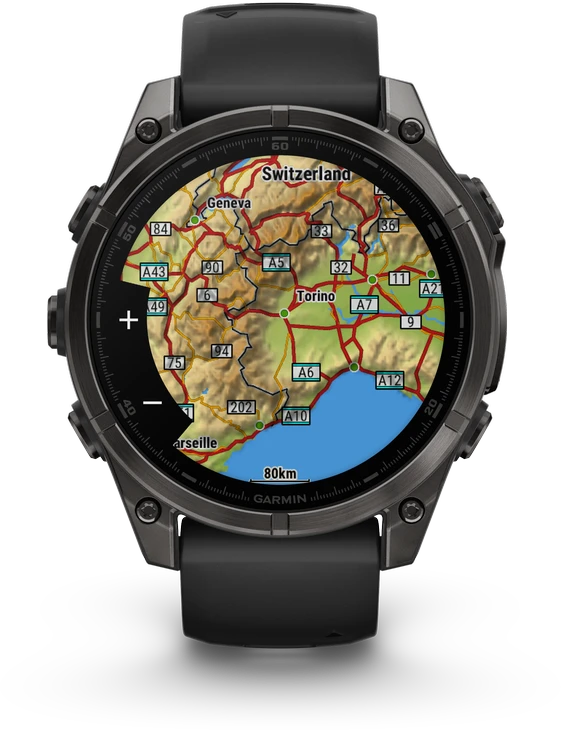 Garmin Išmanusis laikrodis Fenix 8 – 47 mm, AMOLED Sapphire, Pilkos anglies spalvos DLC titanas su juodai pilkos spalvos silikoniniu dirželiu