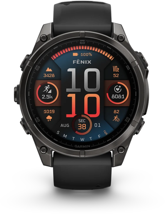 Garmin Išmanusis laikrodis Fenix 8 – 47 mm, AMOLED Sapphire, Pilkos anglies spalvos DLC titanas su juodai pilkos spalvos silikoniniu dirželiu