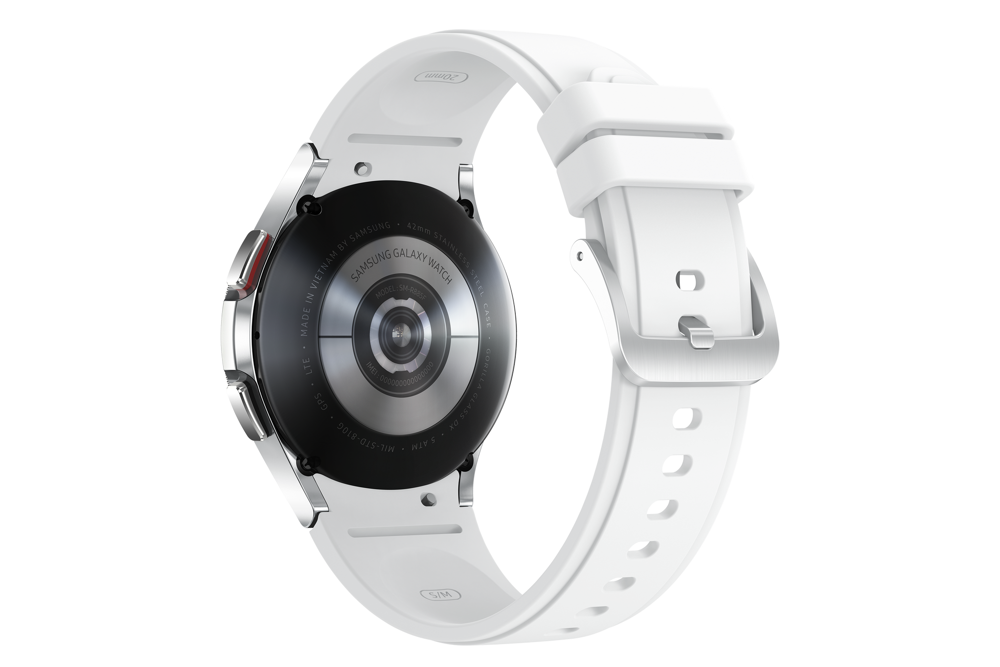Išmanusis laikrodis Samsung Galaxy Watch4 Classic LTE (42 mm), Sidabrinės spalvos korpusas su baltos spalvos silikoniniu dirželiu